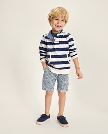 Boys Railroad Striped Denim Carpenter Shorts - Coastal Edit