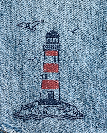 Boys Embroidered Lighthouse Denim Button Up Shirt - Driftwood Bay