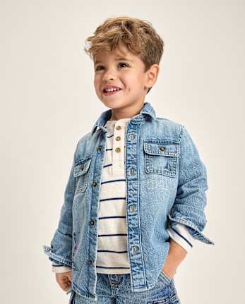 Boys Embroidered Lighthouse Denim Button Up Shirt - Driftwood Bay