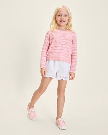 Girls Embroidered Eyelet Linen-Blend Pull On Shorts - Linen Edit
