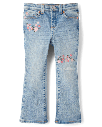 Jean évasé à fleurs brodées pour filles - Jardin enchanté