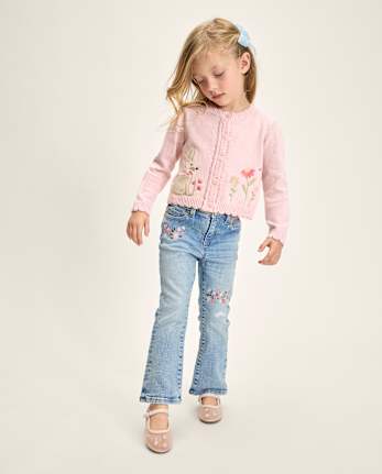 Jean évasé à fleurs brodées pour filles - Jardin enchanté