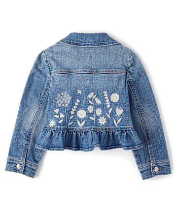 Girls Embroidered Floral Peplum Denim Jacket - Driftwood Bay