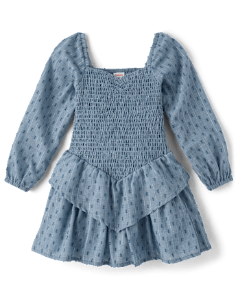 Girls Smocked Clip Dot V-Waist Dress - Driftwood Bay