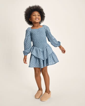 Girls Smocked Clip Dot V-Waist Dress - Driftwood Bay