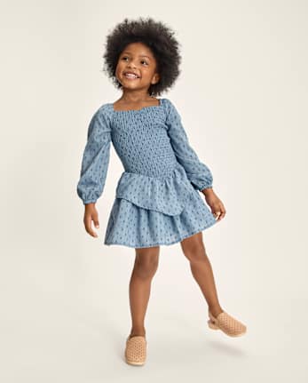 Girls Smocked Clip Dot V-Waist Dress - Driftwood Bay