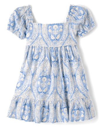 Girls Print Linen-Blend Ruffle Dress - Linen Shop