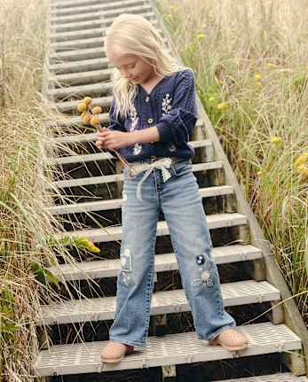 Girls Embroidered Floral Pointelle Cardigan - Driftwood Bay