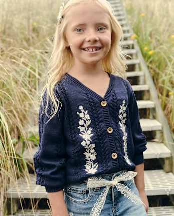 Girls Embroidered Floral Pointelle Cardigan - Driftwood Bay