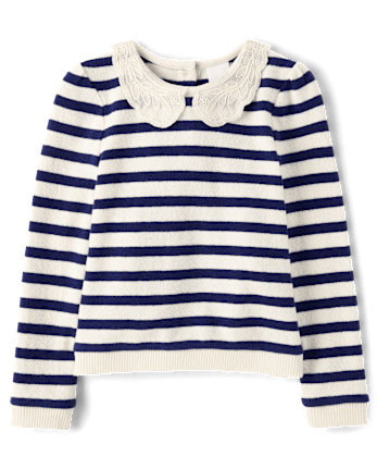 Girls Striped Crochet Lace Peter Pan Sweater - Driftwood Bay