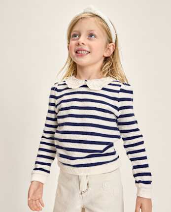 Girls Striped Crochet Lace Peter Pan Sweater - Driftwood Bay
