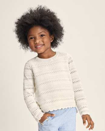 Girls Scalloped Linen-Blend Pointelle Sweater - Linen Edit