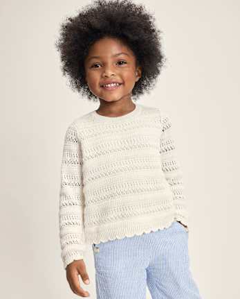 Girls Scalloped Linen-Blend Pointelle Sweater - Linen Edit