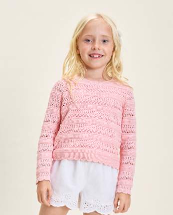 Pull en maille ajourée festonnée en lin mélangé pour fille - Boutique Lin