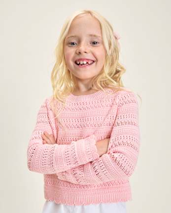 Pull en maille ajourée festonnée en lin mélangé pour fille - Boutique Lin