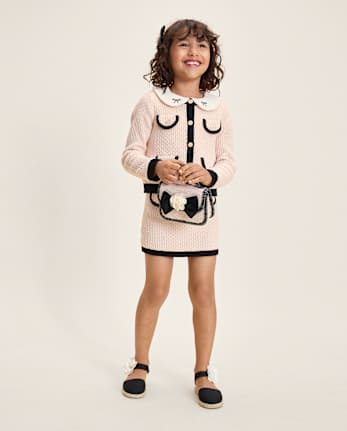 Girls Contrast Faux Tweed Sweater Cardigan - Petit Paris