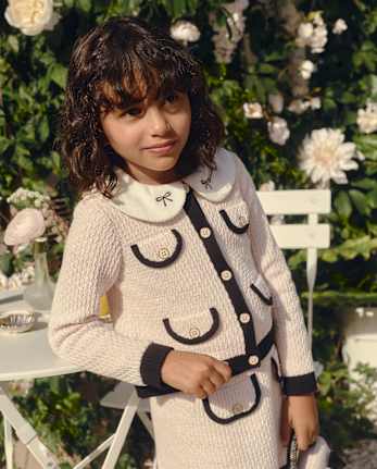 Girls Contrast Faux Tweed Sweater Cardigan - Petit Paris