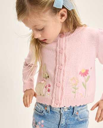 Girls Applique Bunny Scalloped Cardigan - Enchanted Garden