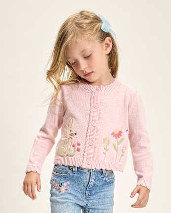 Girls Applique Bunny Scalloped Cardigan - Enchanted Garden