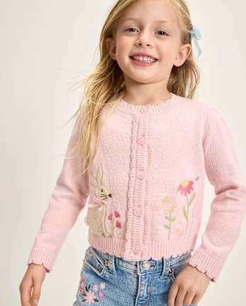 Girls Applique Bunny Scalloped Cardigan - Enchanted Garden