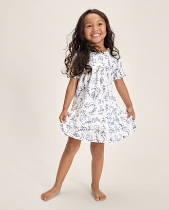 Girls Bunny Toile Poplin Ruffle Nightgown - Gymmies