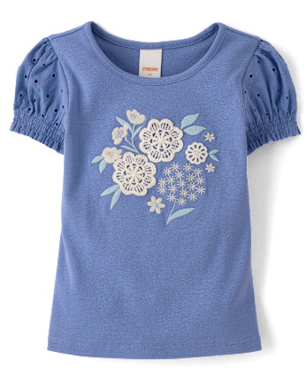 Girls Floral Applique Puff Sleeve Top - Driftwood Bay