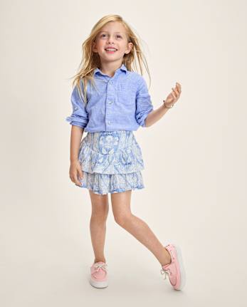 Girls Print Linen-Blend Tiered Skort - Linen Edit