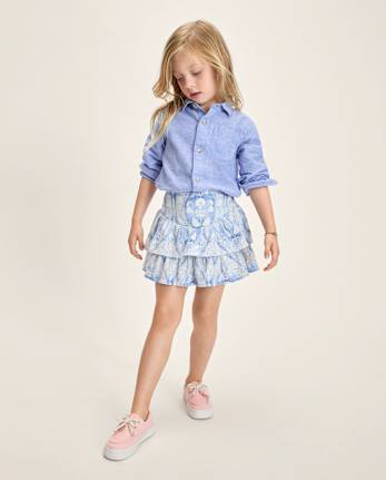 Girls Print Linen-Blend Tiered Skort - Linen Edit