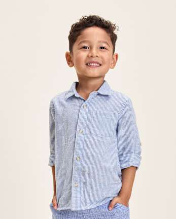 Kids Pinstripe Linen-Blend Button Up Shirt - Linen Edit