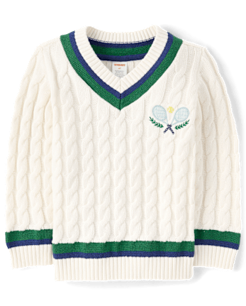 Kids Embroidered Tennis Racquet Cable Knit V-Neck Sweater - Club House