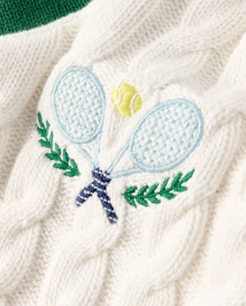 Kids Embroidered Tennis Racquet Cable Knit V-Neck Sweater - Club House