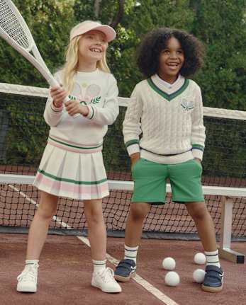 Kids Embroidered Tennis Racquet Cable Knit V-Neck Sweater - Club House