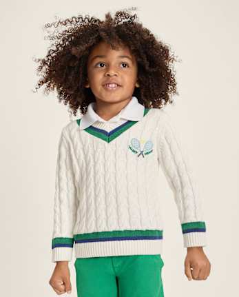 Kids Embroidered Tennis Racquet Cable Knit V-Neck Sweater - Club House