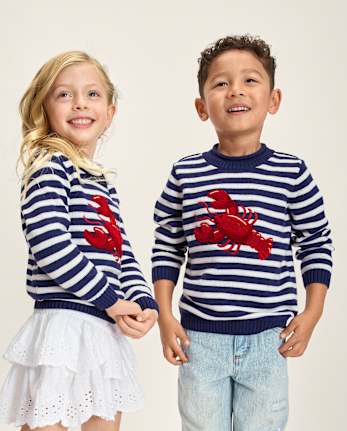 Kids Striped Embroidered Chenille Lobster Sweater - Driftwood Bay