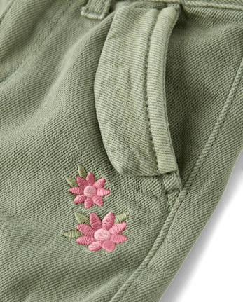 Girls Embroidered Floral Garment Dyed Wide Leg Cargo Jeans - Enchanted Garden