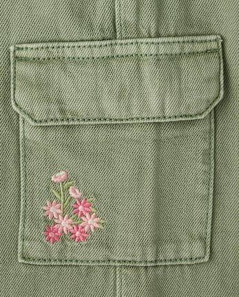 Girls Embroidered Floral Garment Dyed Wide Leg Cargo Jeans - Enchanted Garden