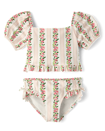 Girls Floral Puff Sleeve Tankini Swimsuit - Swim Shop