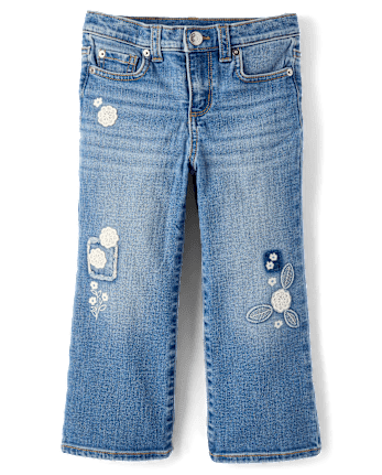 Girls Floral Crochet Applique Wide Leg Jeans - Driftwood Bay