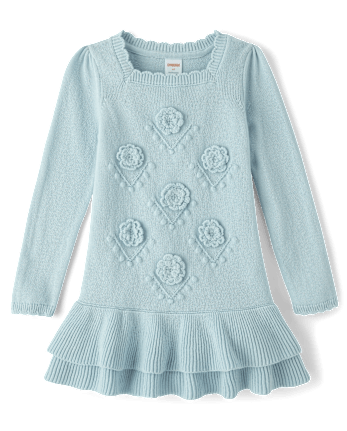 Girls Crochet Floral Drop Waist Tiered Sweater Dress - Driftwood Bay