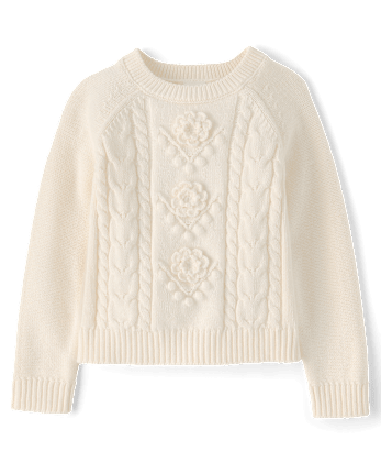 Girls Crochet Floral Cable Knit Sweater - Driftwood Bay