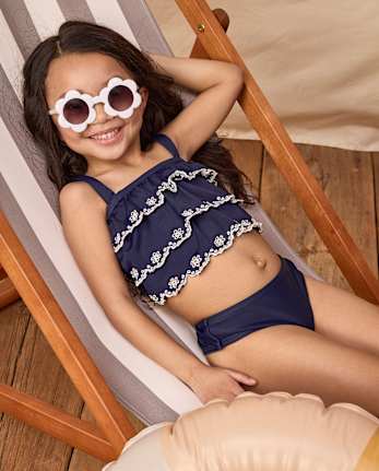 Girls Embroidered Eyelet Tiered Tankini Swimsuit - Swim Shop