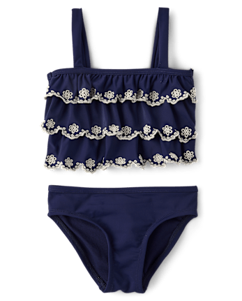 Girls Embroidered Eyelet Tiered Tankini Swimsuit - Swim Shop