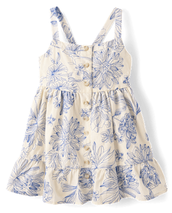 Girls Embroidered Floral Bow Button Front Dress - Driftwood Bay