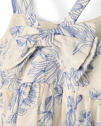 Girls Embroidered Floral Bow Button Front Dress - Driftwood Bay