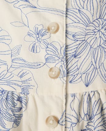 Girls Embroidered Floral Bow Button Front Dress - Driftwood Bay