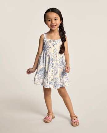 Girls Embroidered Floral Bow Button Front Dress - Driftwood Bay