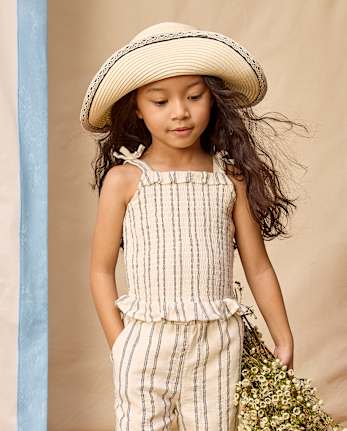 Girls Striped Textured Smocked Bow Shoulder Tank Top - Driftwood Bay
