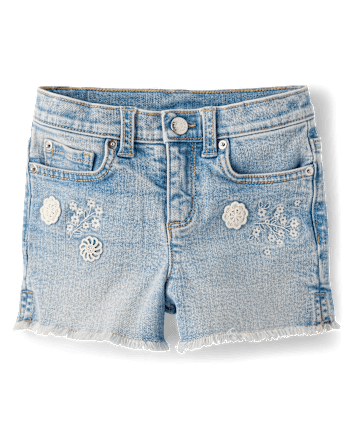 Girls Applique Floral Frayed Jean Shorts - Little Essentials