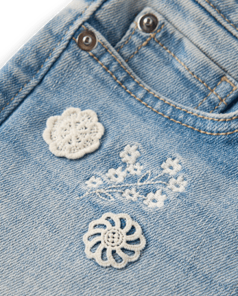 Girls Applique Floral Frayed Jean Shorts - Little Essentials
