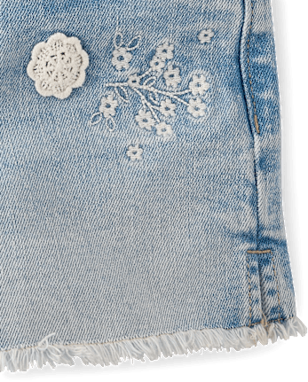 Girls Applique Floral Frayed Jean Shorts - Little Essentials